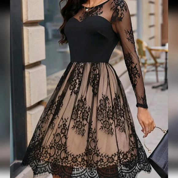 Lace Mesh Sheer Overlay Knee-length Dress - Picture 4 of 5